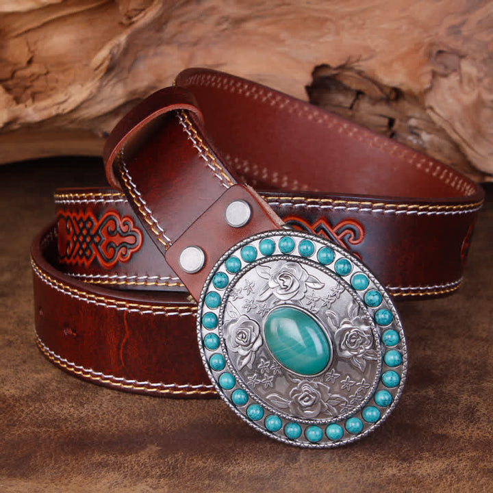 Unisex Carved Rose Turquoise Jade Agate Leather Belt