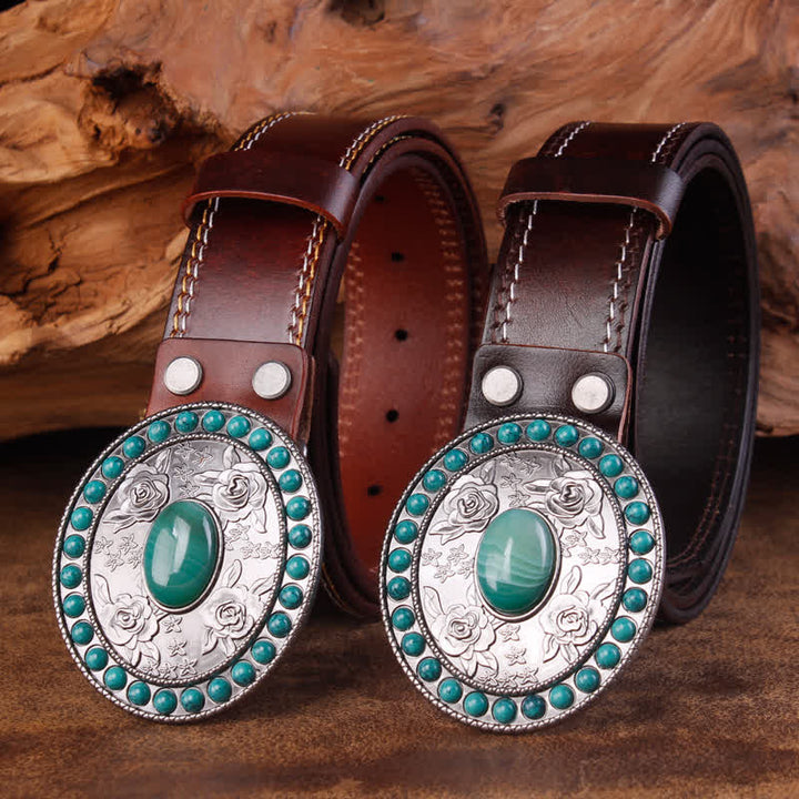 Unisex Carved Rose Turquoise Jade Agate Leather Belt