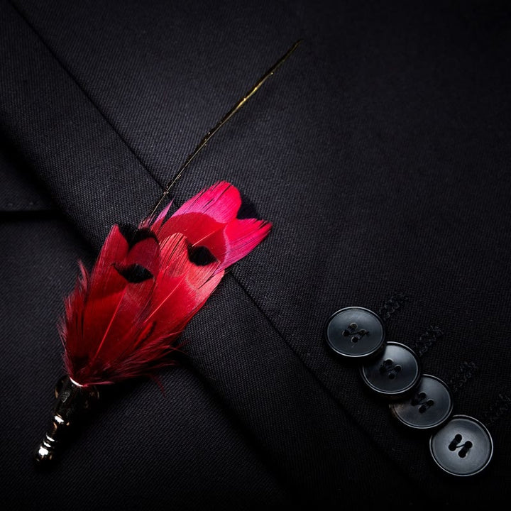 Red Finch Tail Feather Bow Tie with Lapel Pin - image 2
