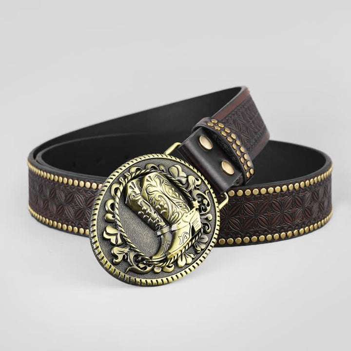 Men's Bronze Boots Oval Buckle Leather Belt