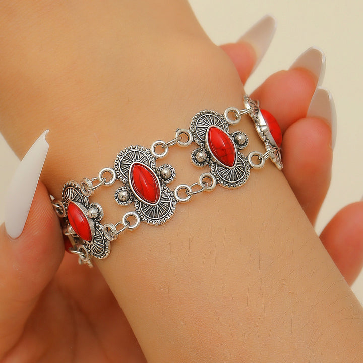 Vintage Boho Marquise Turquoise Antique Silver Carved Link Bracelet - Red - image 1