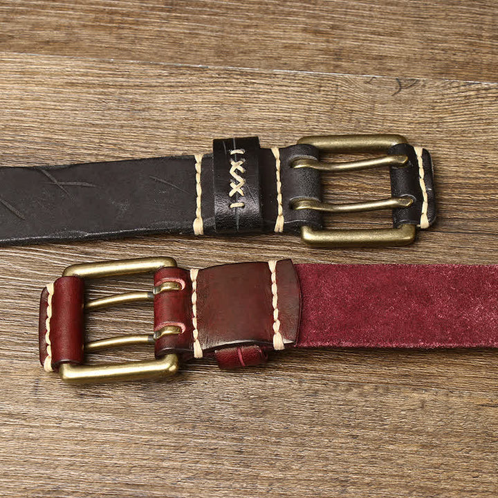 Men's Distressed Double Needle Buckle Leather Belt - image 2