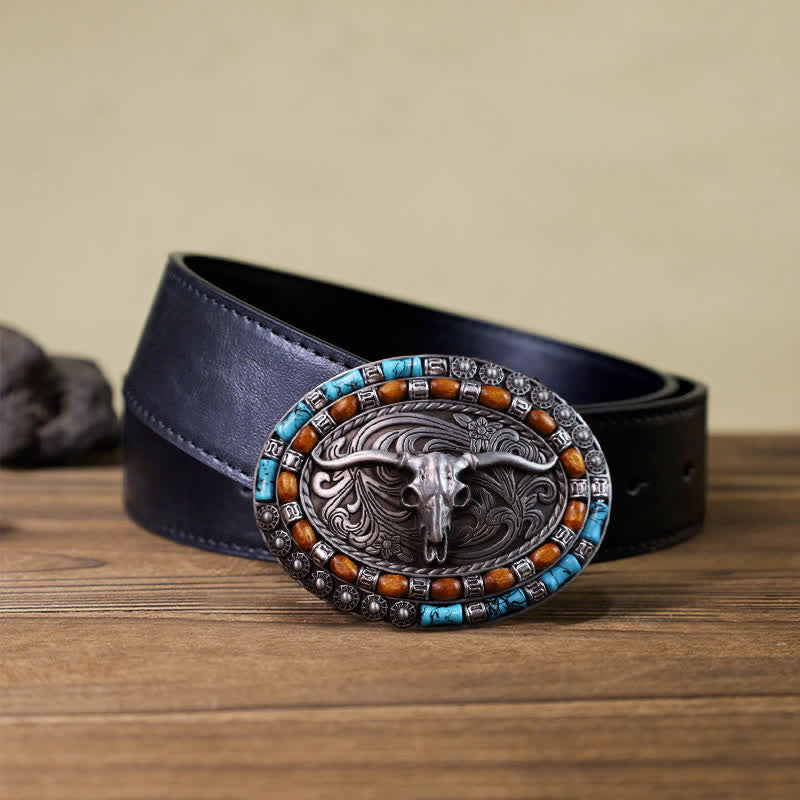 Men's DIY Turquoise Wood Bead Bull Buckle Leather Belt