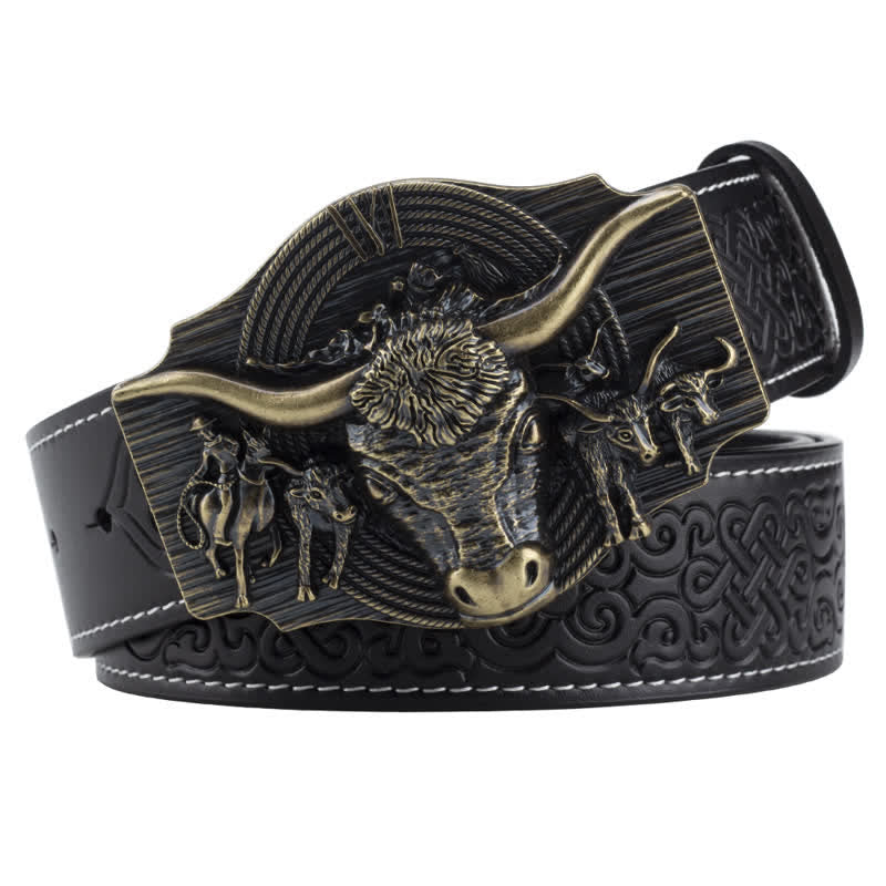 Men's Longhorn Bull Embossed Leather Belt - Black / Bronze - 46 - image 10