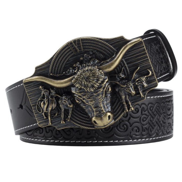 Men's Longhorn Bull Embossed Leather Belt - Black / Bronze - 46 - image 10