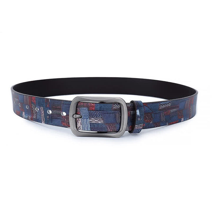 Navy Blue Splicing Graffiti Pattern Genuine Leather Belt