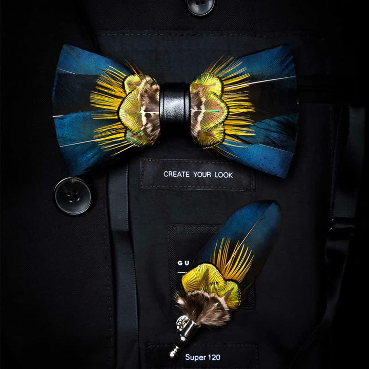 Blue & Yellow Peacock Feather Bow Tie with Lapel Pin