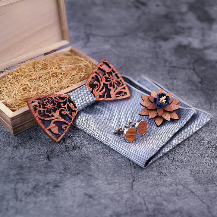 4pcs Men's Hollow Floral Wooden Bow Tie Set