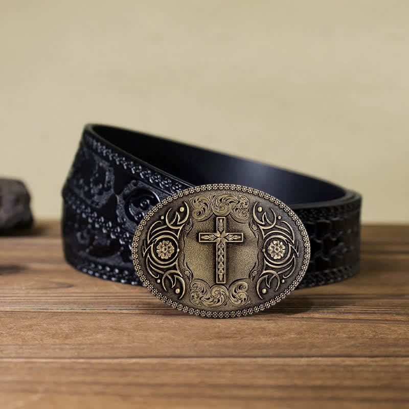 Men's DIY Faith Cross Floral Buckle Leather Belt