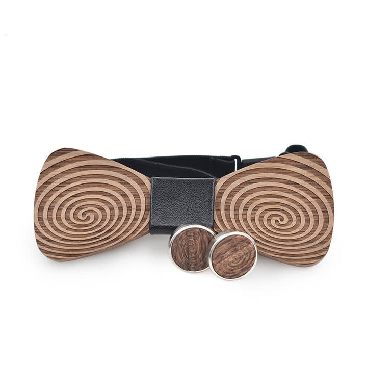 2Pcs Men's Hypnosis Swirl Printing Wooden Bow Tie Set