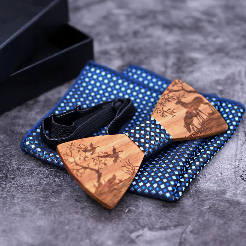 3Pcs Men's Fancy Christmas Elk Wooden Bow Tie Set