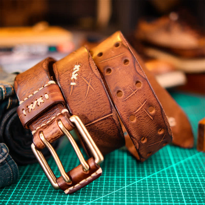 Men's Wide Double Pin Buckle Leather Belt - Brown - 46 - image 0
