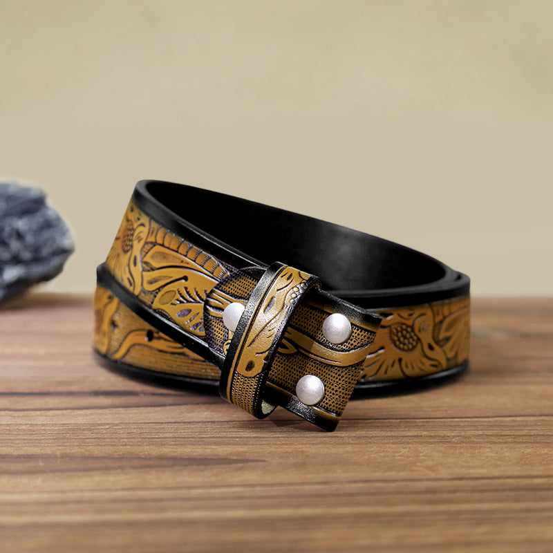 Men's DIY Engraved Floral Decor Buckle Leather Belt