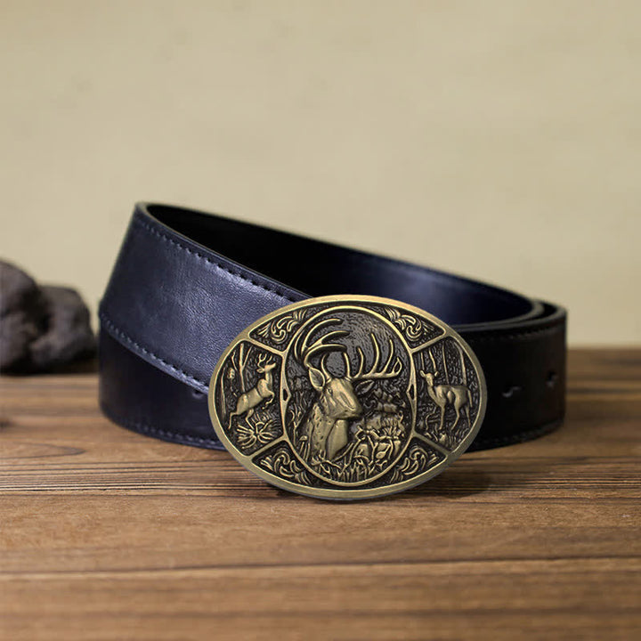 Men's DIY Animal Elk Deer Buckle Leather Belt