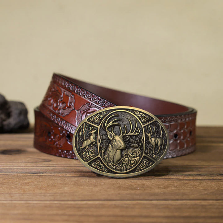 Men's DIY Animal Elk Deer Buckle Leather Belt