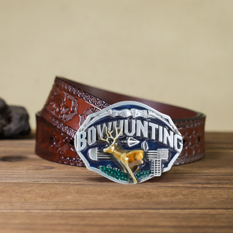 Men's DIY Bowhunting Deer Enamel Buckle Leather Belt