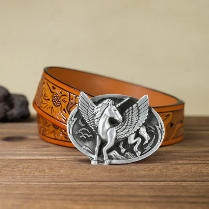 Men's DIY Antique Silver Unicorn Buckle Leather Belt