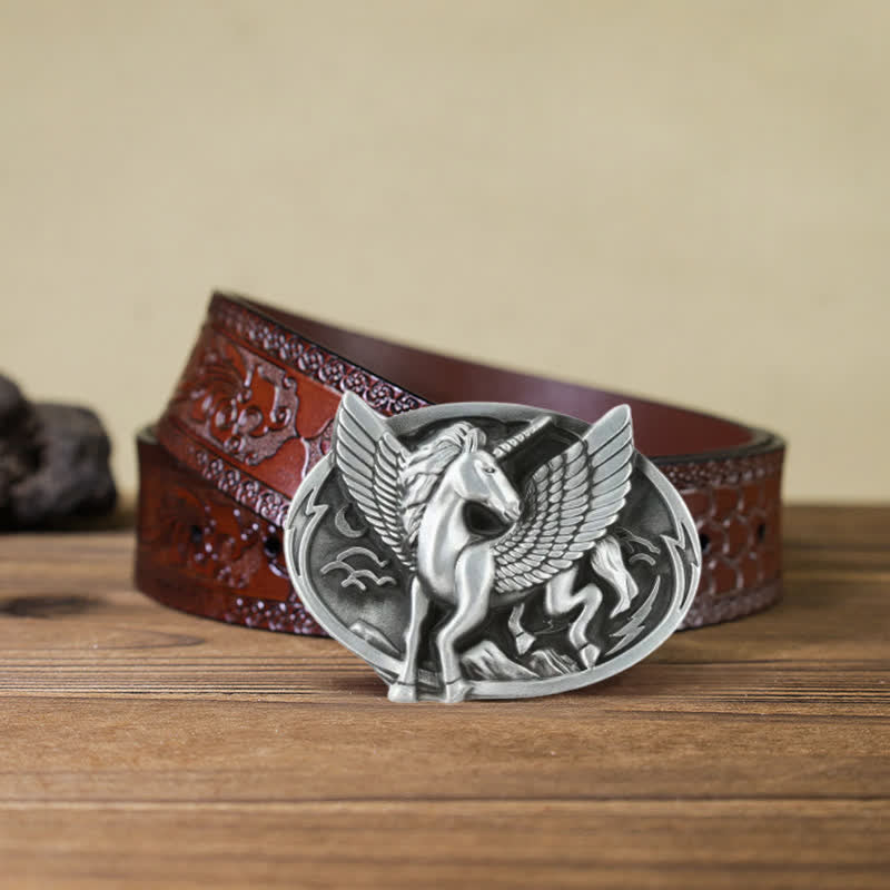 Men's DIY Antique Silver Unicorn Buckle Leather Belt