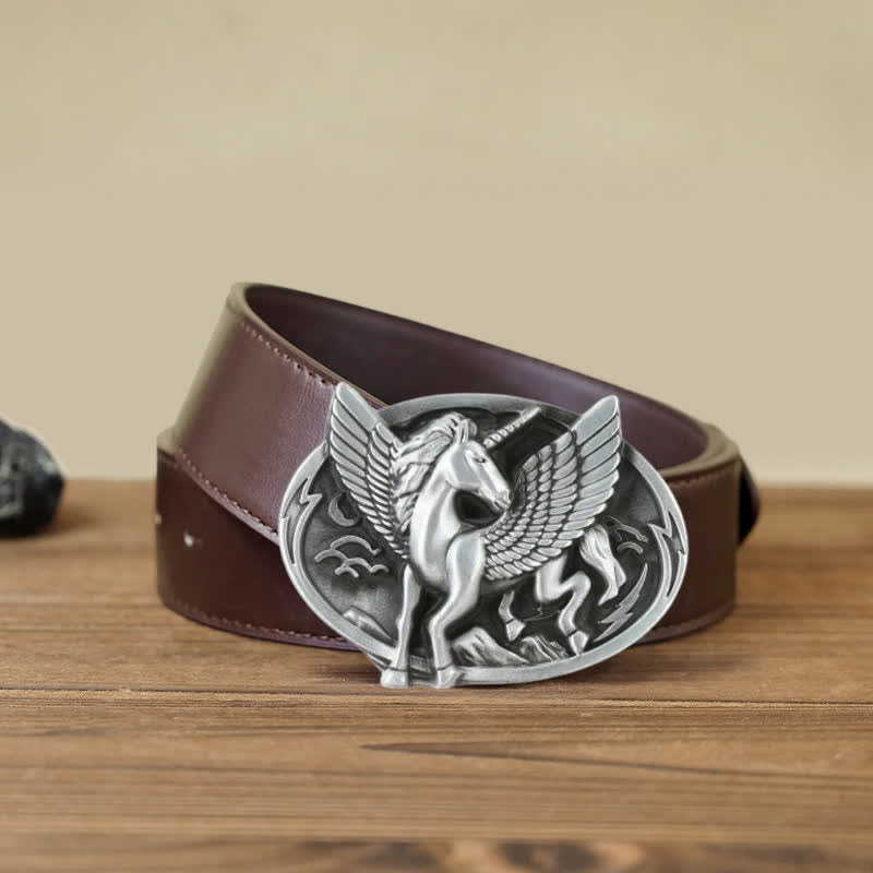 Men's DIY Antique Silver Unicorn Buckle Leather Belt