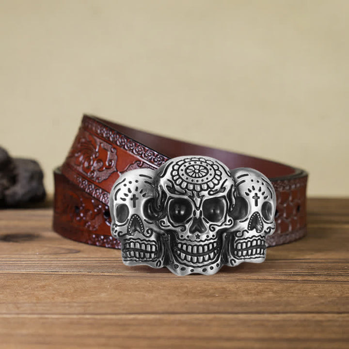 Men's DIY Triple Skull Head Buckle Leather Belt