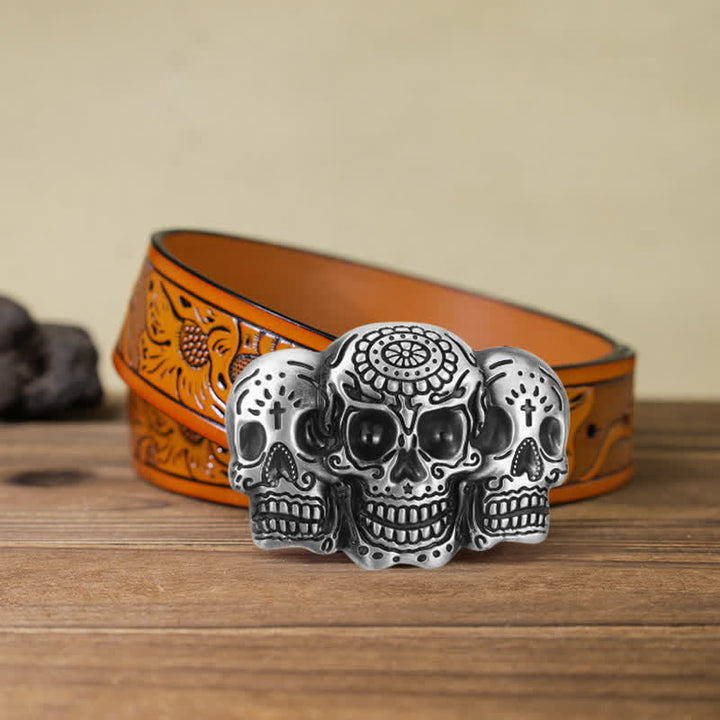 Men's DIY Triple Skull Head Buckle Leather Belt