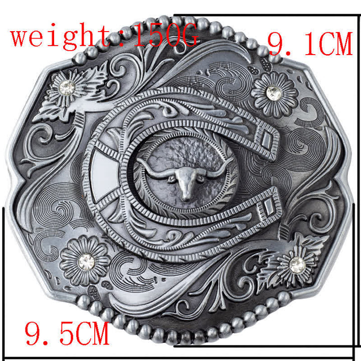 Men's DIY Rhinestone Floral Bull Buckle Leather Belt