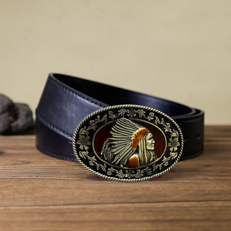 Men's DIY Indian Chief Tribal Buckle Leather Belt