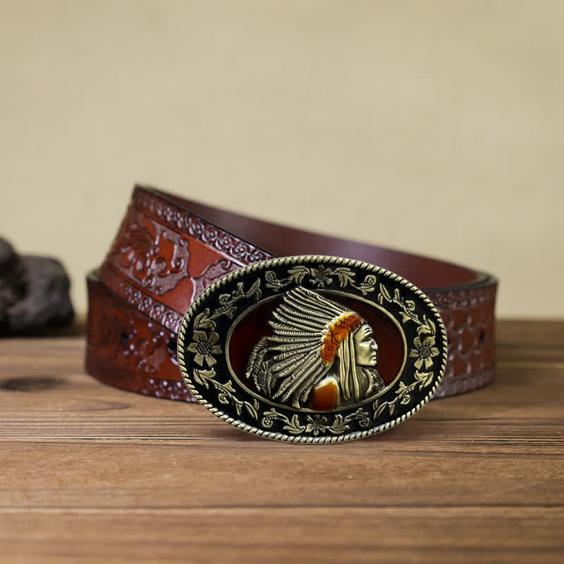 Men's DIY Indian Chief Tribal Buckle Leather Belt