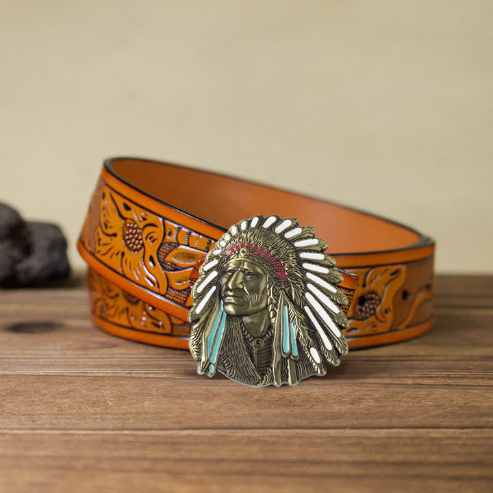 Men's DIY Colored Indian Chief Buckle Leather Belt