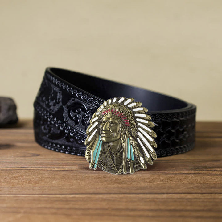 Men's DIY Colored Indian Chief Buckle Leather Belt