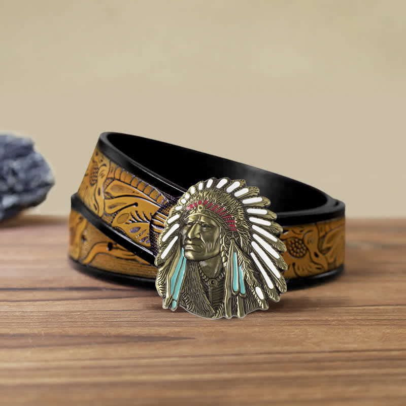 Men's DIY Colored Indian Chief Buckle Leather Belt