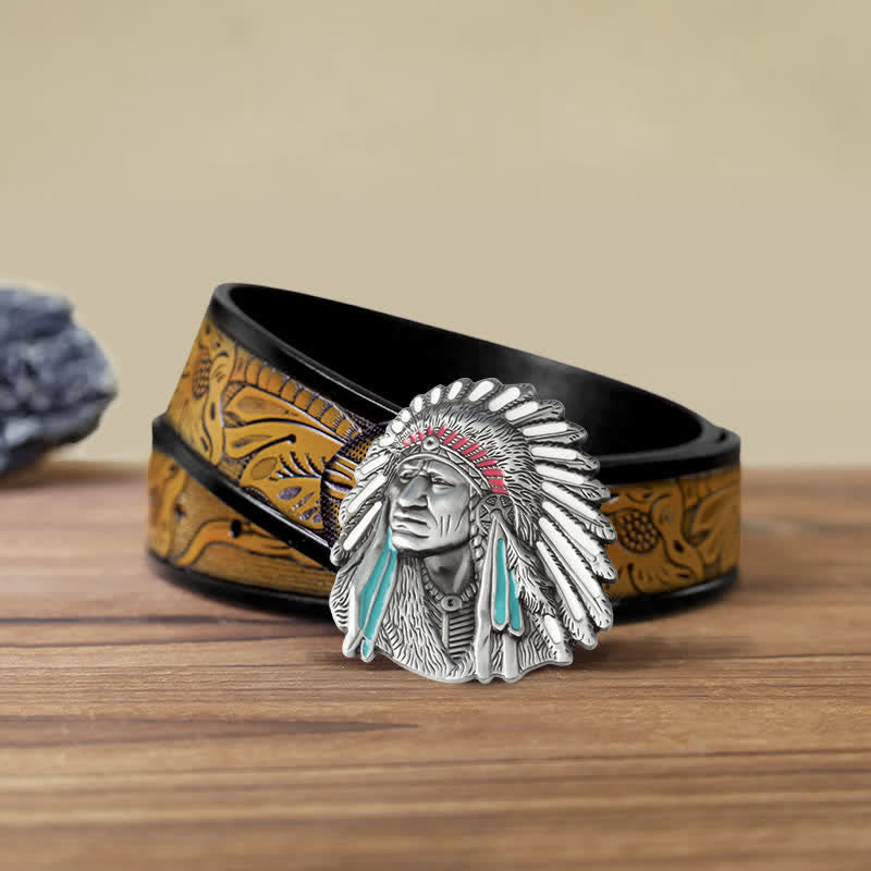 Men's DIY Colored Indian Chief Buckle Leather Belt