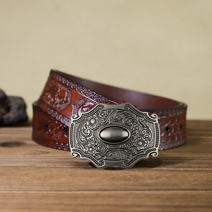 Men's DIY Engraved Floral Decor Buckle Leather Belt