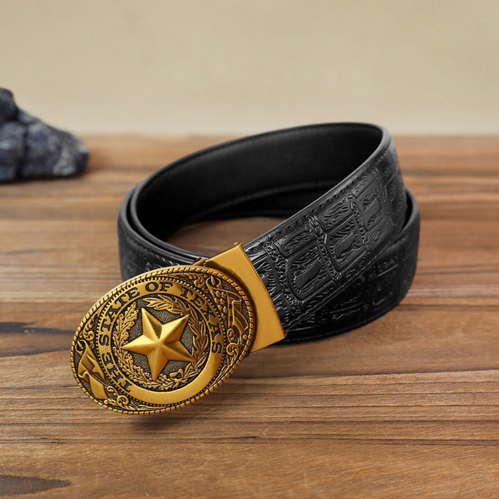 Men's DIY Texas Pentagram Automatic Buckle Leather Belt