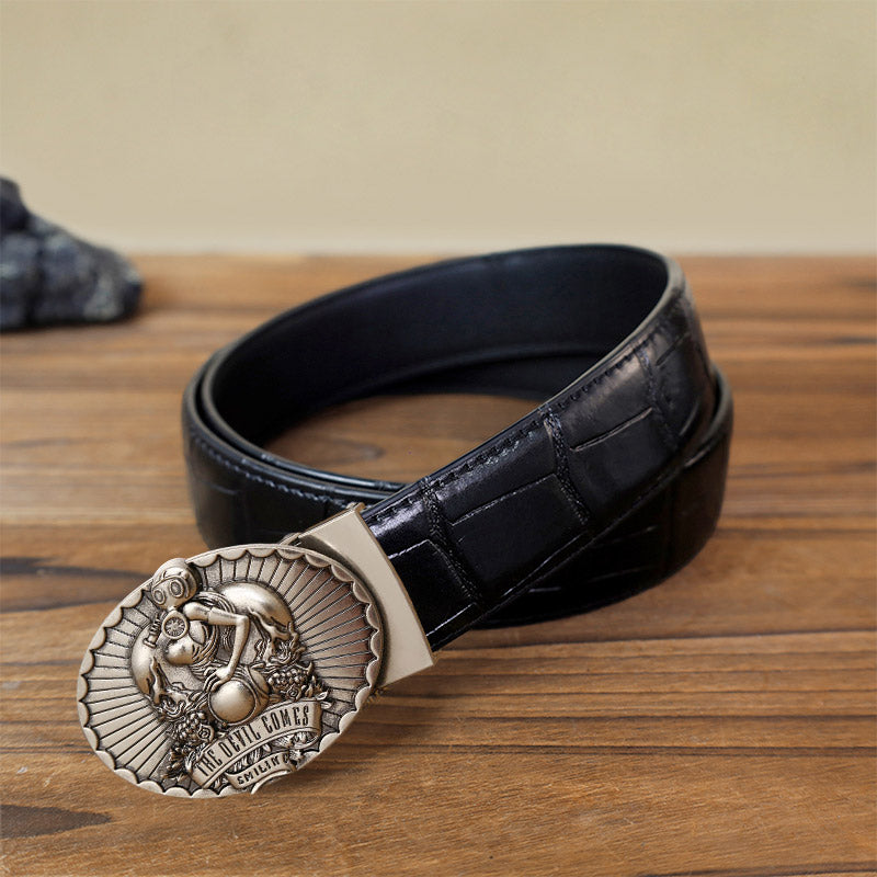 Men's DIY The Devil Comes Smiling Automatic Buckle Leather Belt