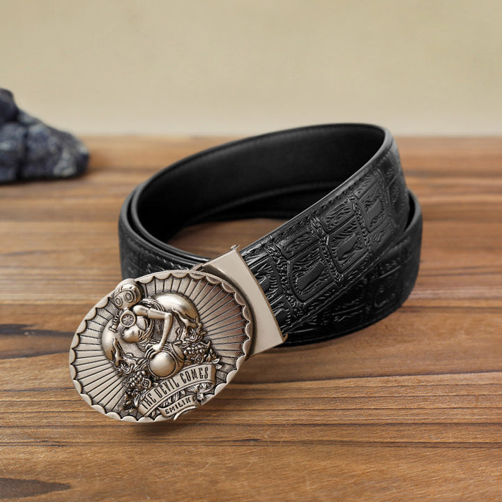 Men's DIY The Devil Comes Smiling Automatic Buckle Leather Belt