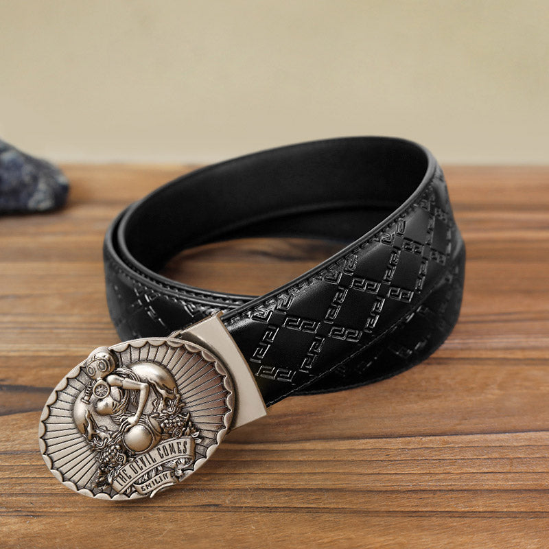 Men's DIY The Devil Comes Smiling Automatic Buckle Leather Belt