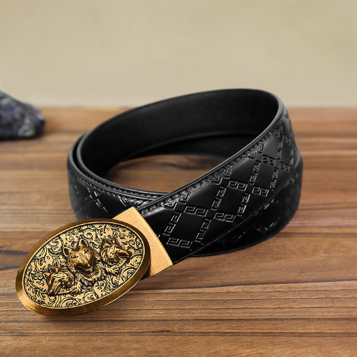 Men's DIY Hungry Wolves Automatic Buckle Leather Belt