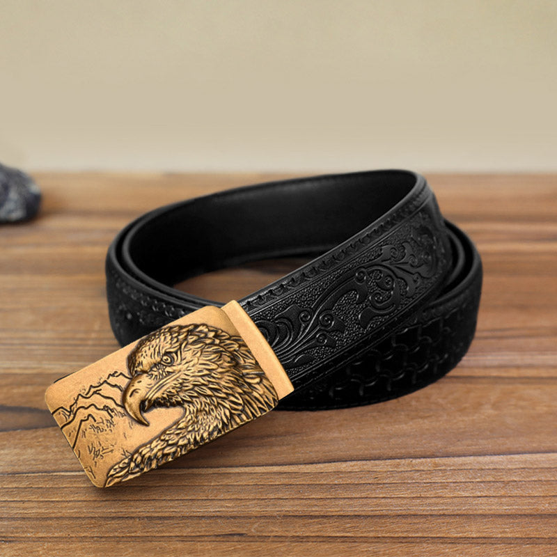 Men's DIY Carved Eagle Head Automatic Buckle Leather Belt