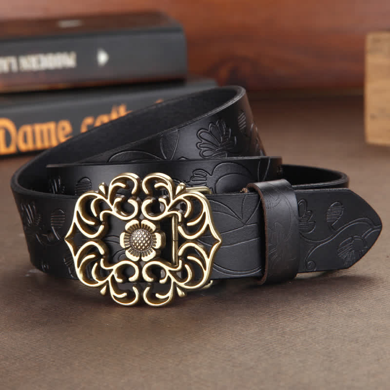 Women's Vintage Flower Hollow Buckle Embossed Leather Belt