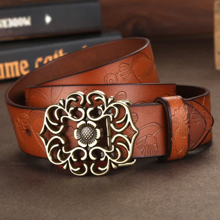 Women's Vintage Flower Hollow Buckle Embossed Leather Belt