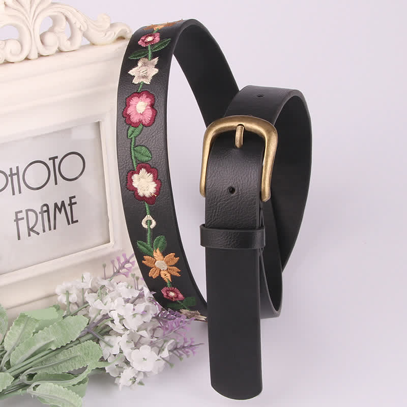 Women's Colorful Rose Embroidery Boho Leather Belt