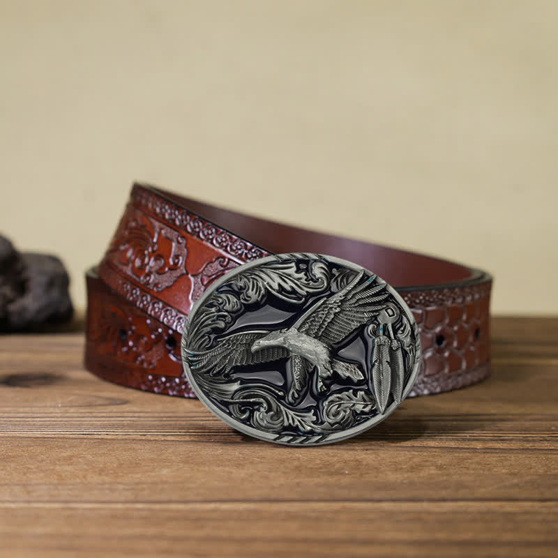 Men's DIY Eagle Leaf Enameled Oval Buckle Leather Belt