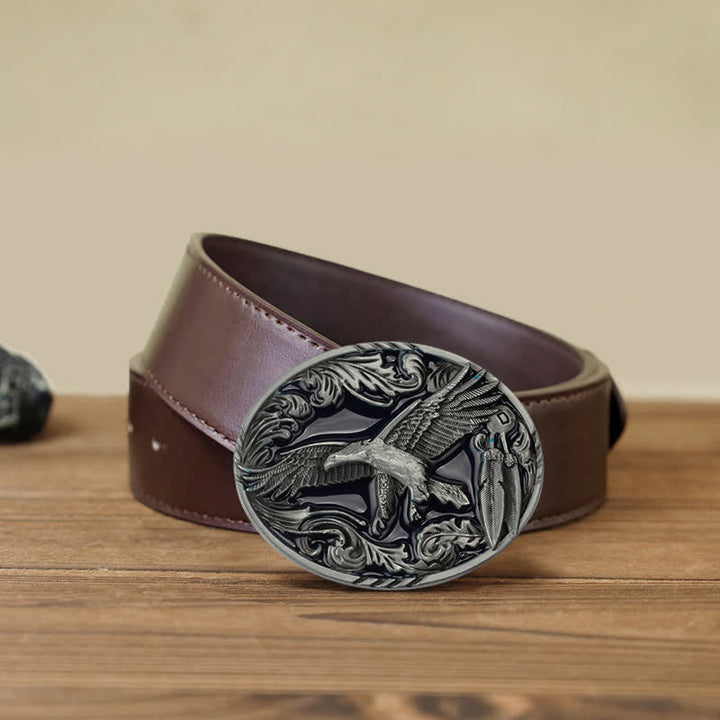 Men's DIY Eagle Leaf Enameled Oval Buckle Leather Belt