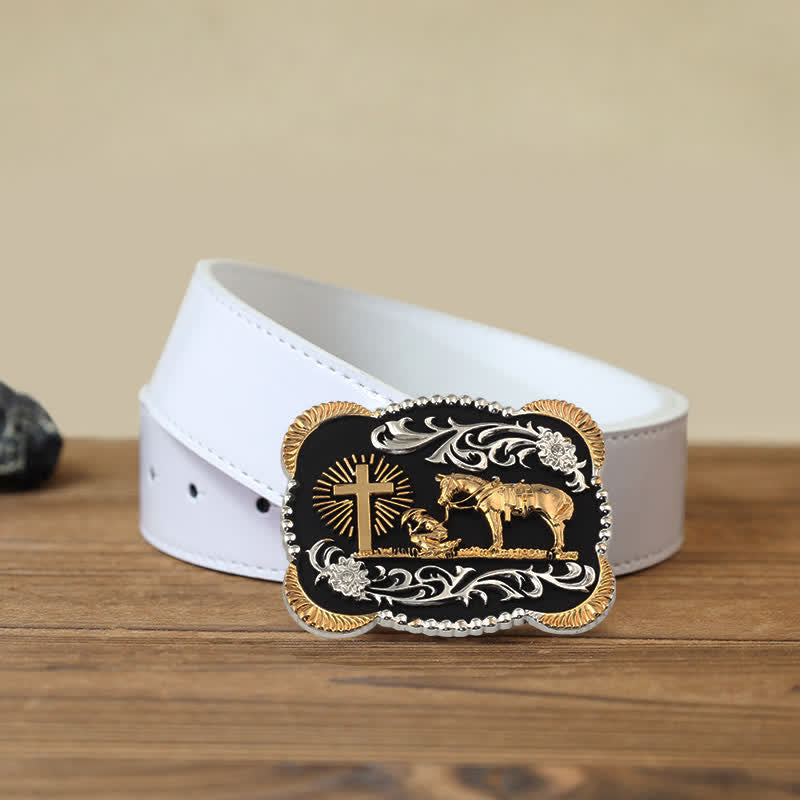 Men's DIY Stunning Gold Kneeling Prayer Buckle Leather Belt