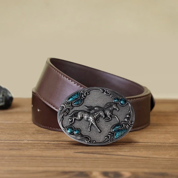 Men's DIY Running Horses Turquoise Bead Buckle Leather Belt