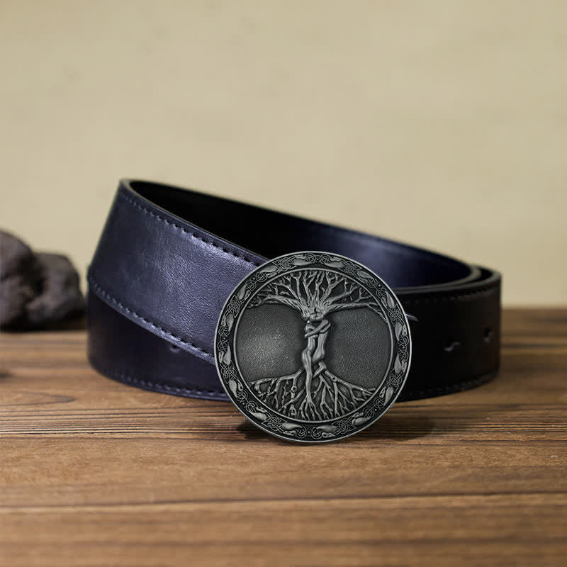 Men's DIY Tree Of Life Ash Elm Buckle Leather Belt