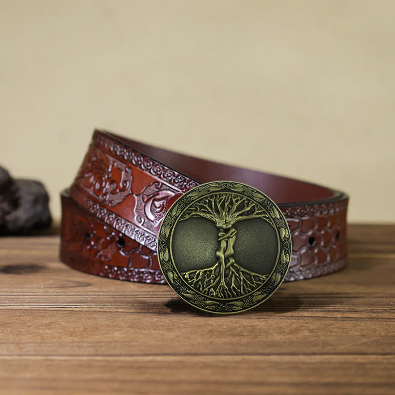 Men's DIY Tree Of Life Ash Elm Buckle Leather Belt