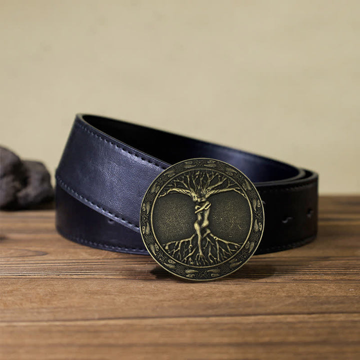 Men's DIY Tree Of Life Ash Elm Buckle Leather Belt