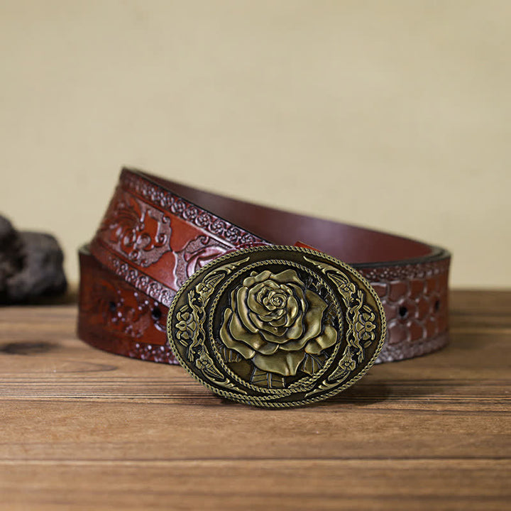 Men's DIY Trendy Western Rose Buckle Leather Belt